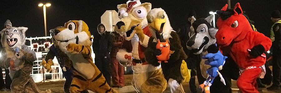During the toy drive, mascots race to entertain the crowd. Bucky the Bronco came in second and the Lake Ridge Eagle took the win.