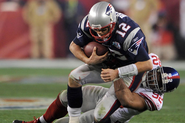 Underdog team, New York Giants pull through with a sack on Tom Brady during Super Bowl XLII.