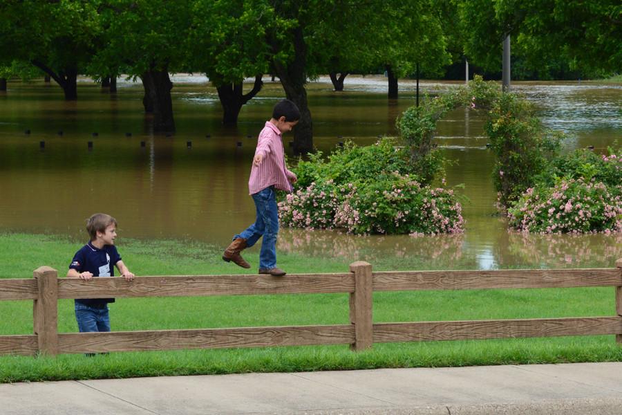 Mansfield residents visit the park and play while observing the flooding.