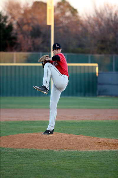 John Stricklin, 12, pitches to a hitter at the Varsity scrimmage on Feb. 9. (Brandon Bosecker photo)