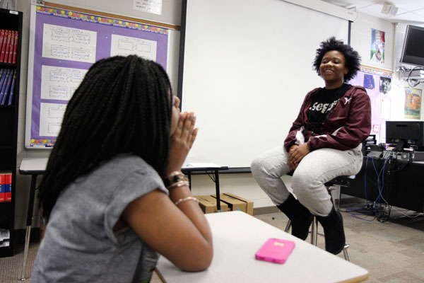Rebekah Andrews, 11, chats with Colbi Branch, 11, at The Only One Club on Dec. 7. The Only One Club is every Monday after school in AJ-111. (Aisha DeBurr photo)