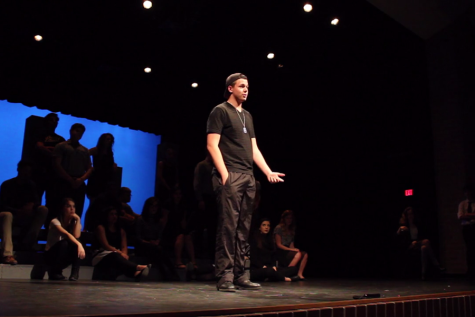 A Theater II student performs his monologue during the departments production, On Our Minds.