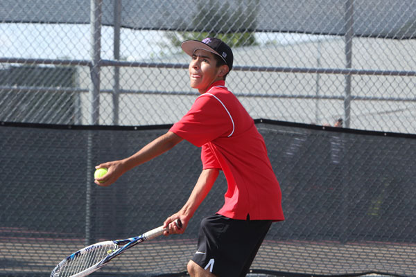 Josh Lopez, 10, plays at Legacys tennis courts during a match against Red Oak. Lopez is ranked number one on the ladder for Legacy players.