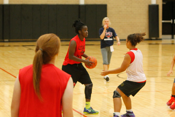 Girls' basketball practice after school. 