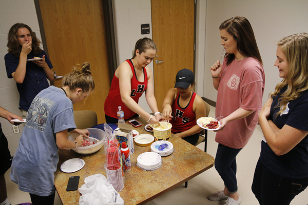 Pieoneers Haleigh Carr, Bailey Griffen, Makayla Dickman, Mia Williams, and Asher Stuart eat pie in the second floor AP office at their weekly Pie Club Meeting. 