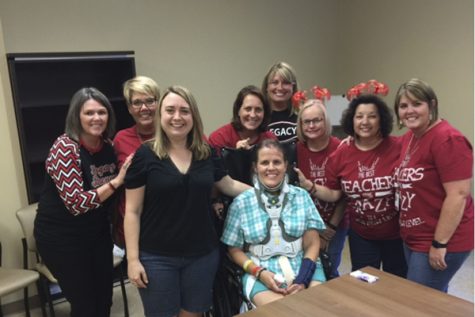 Ms. Marcia Lass, visits with Legacy staff while in recovery. Ms. Lass returned to work after her accident on Nov. 29.