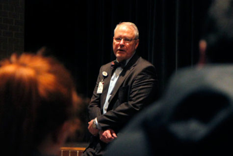Superintendent Dr. Jim Vaszauskas meets with Legacy students to discuss safety, security, and their school. The discussion ranged from the aftermath of the Parkland shooting, to a Legacy walkout, to the districts response to past security threats. (Tori Greene photo)
