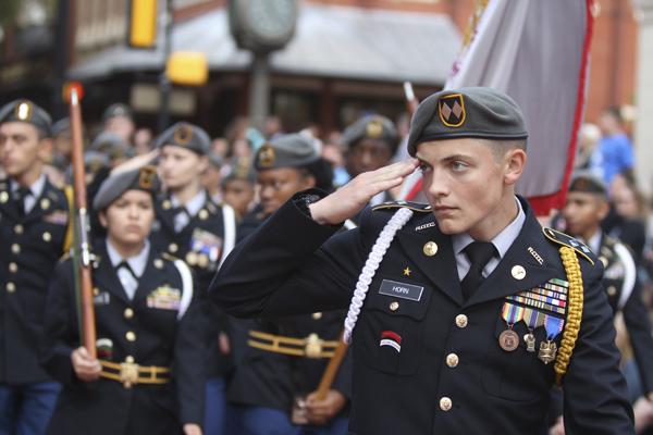 Senior Zach Horn salutes during the Veterans Day parade on Nov. 11, 2016. Horn and the JROTC program traveled to the Army Nationals Drill Competition in Louisville, Kentucky, where they took 13th place in the nation.