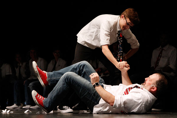 Ben Schnuck, 12, acts out a scene with Mr. Jeremy Ferman.