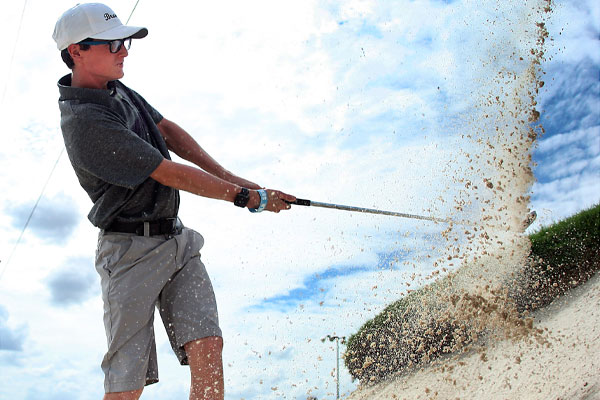 Freshman Kyle Pitts practices his hits in the bunker on Sept. 26. 