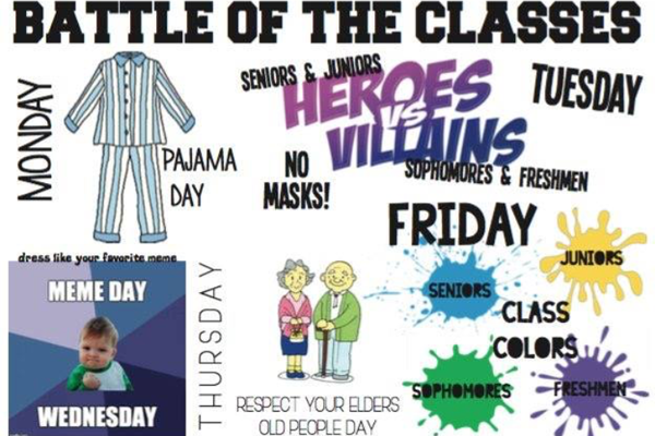 Battle Of The Classes will be held every day during the week of Nov. 13 to Nov. 17. Freshman and Sophomores are competing, and Juniors and Seniors are pitted against one another in dress up days, fundraising, and a final battle at Fridays pep rally.