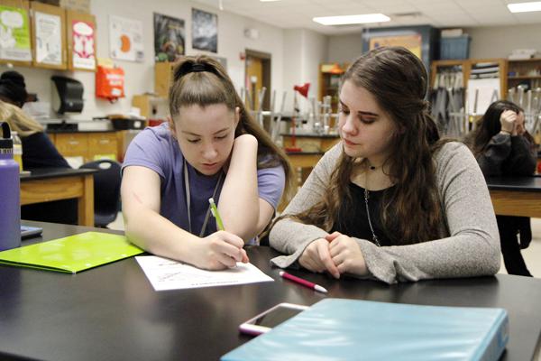 Lindsey Blakely, 12 and Katelyn Carney, 12 work on an assignment in AP Biology. 