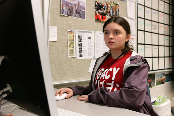 Savannah Gery, 11, works on developing the yearbook theme. Gery is participating in the Google certification course in her yearbook class period to learn the knowledge necessary to get a Google certification.