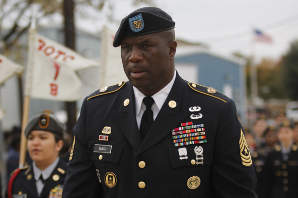 Sargent Major leads JROTC at the 2017 Veterans Day Parade. 