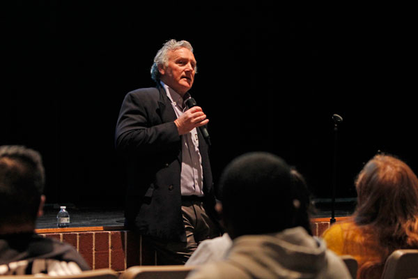 Guest speaker, Tim Madigan, talks to students in AP US History and AP English III about the book The Burning during second period. This event was sponsored by AVID and held in the PAC. 