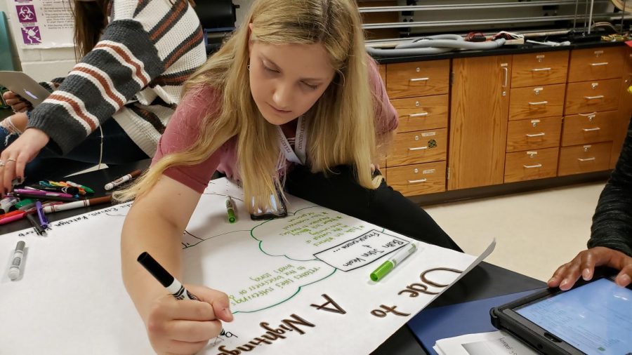 Katelyn Pasierb, 12, works on a poster in AcaDec. Pasierb has competed for the team for three years. 