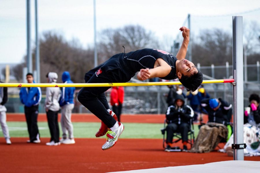 Alex Obhmalay, 9, competes in high jump at Bronco Relays. (Conner Riley photo)