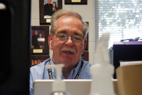 Mr. Ritz teaches from his classroom during virtual instruction. Legacy began the year virtually until Sep. 8.