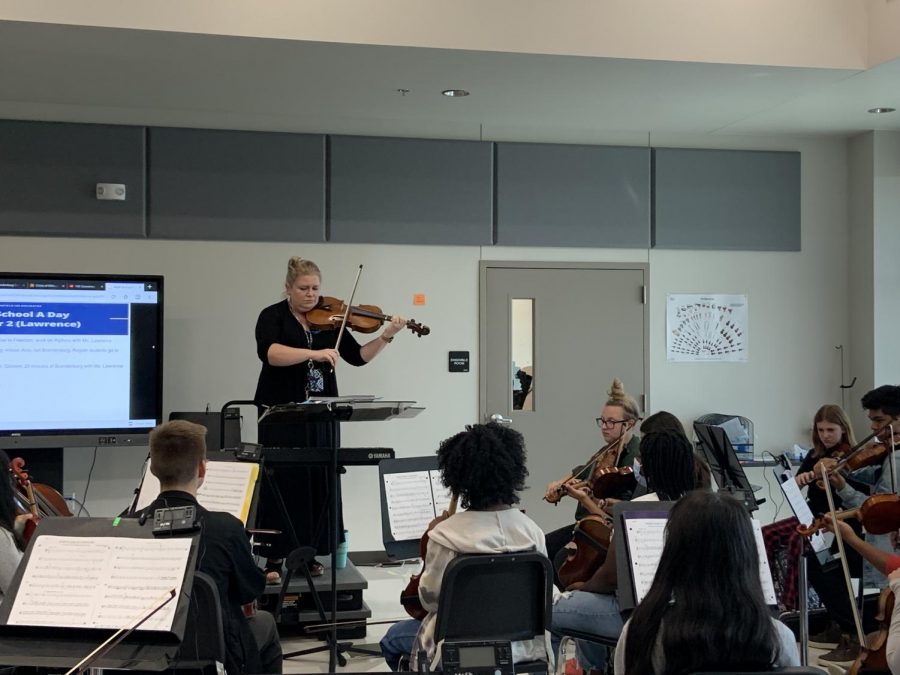 Ellen Lawrence plays to her students in class
