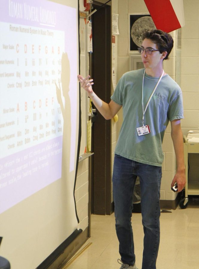 Senior Finn Morton uses a projector to help teach Music Theory to Acadec. 