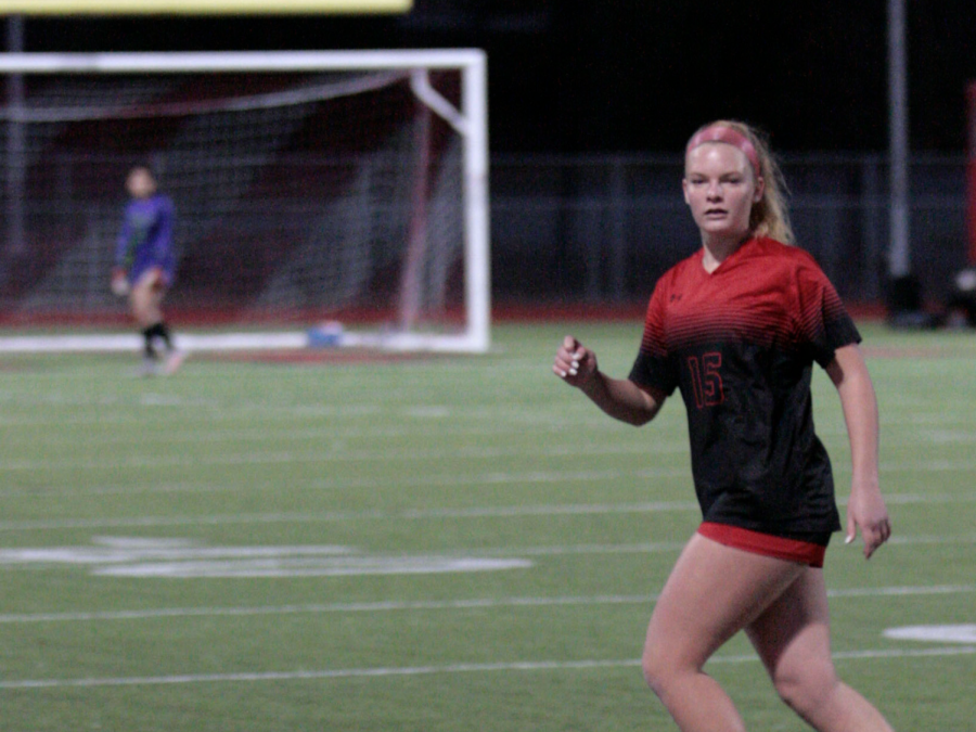 Junior Mackinly Gerhard plays in a game against Timberview. The girls won 6-0.