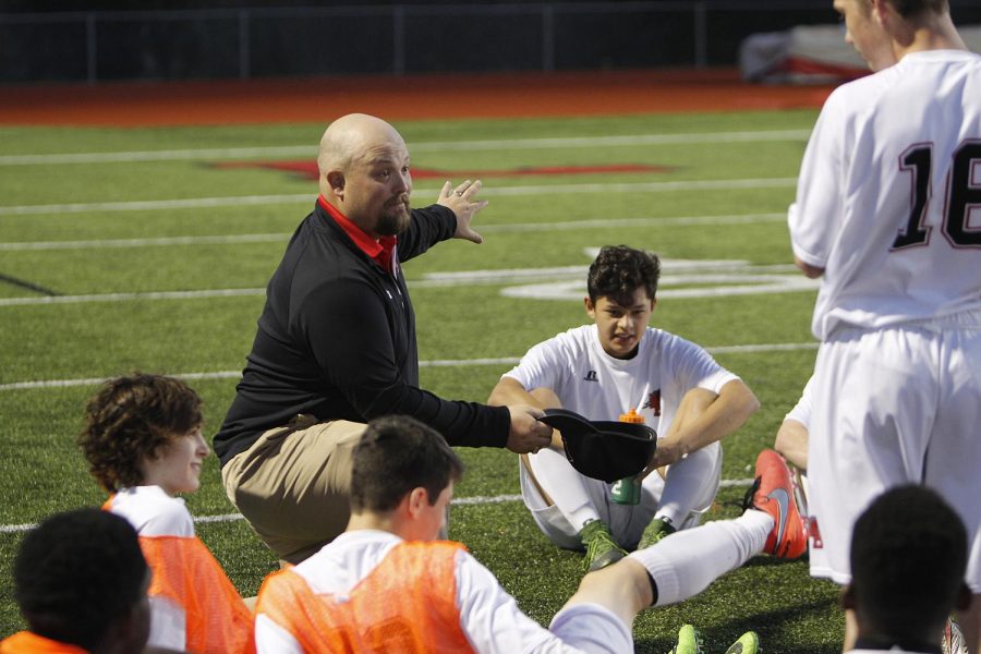 Coach Micheal Keel coaches his team during the March 1, 2016 game against Timberview. The team won, 4-1. [File Photo]