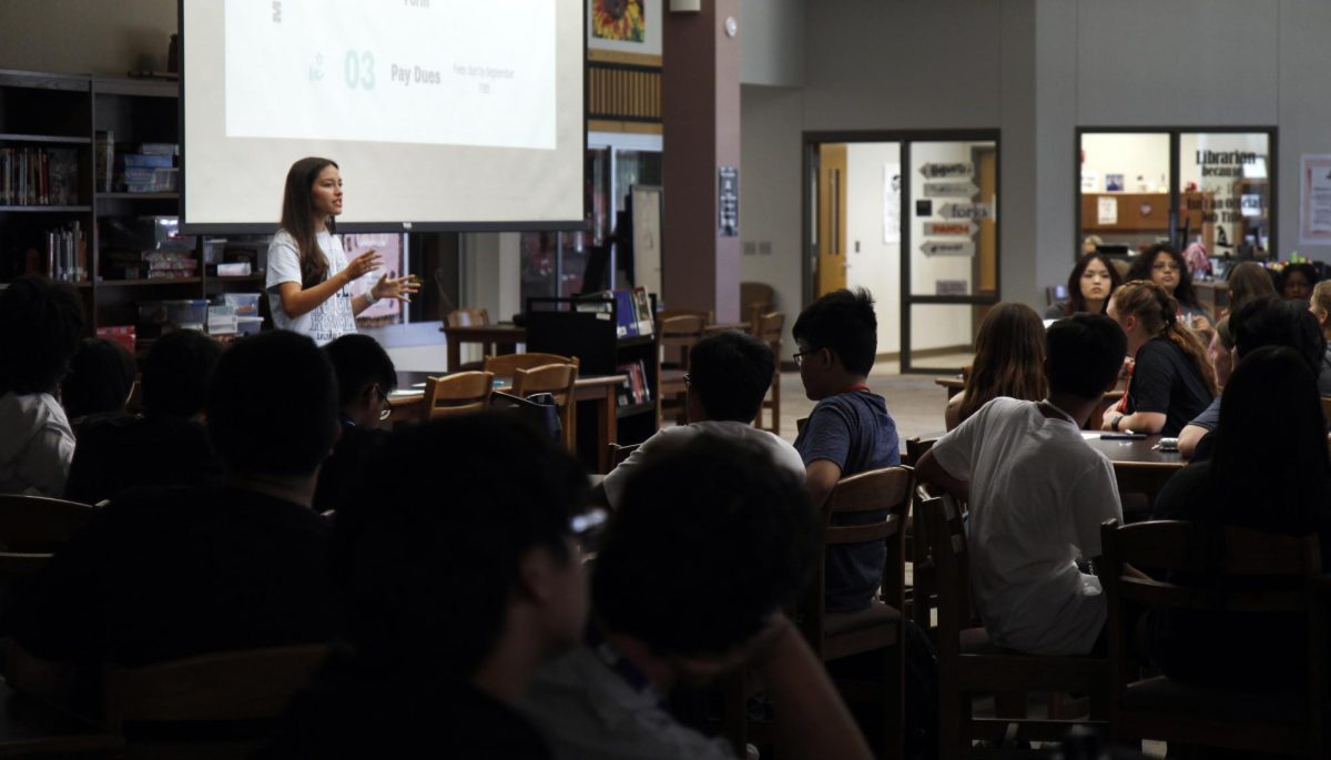 Senior Abigail Castro, Key Club president, speaks at the first meeting of the year on Aug. 29. Key Club will host the first Warrior Run on Sept. 9, with all proceeds benefitting the Wounded Warriors Project.