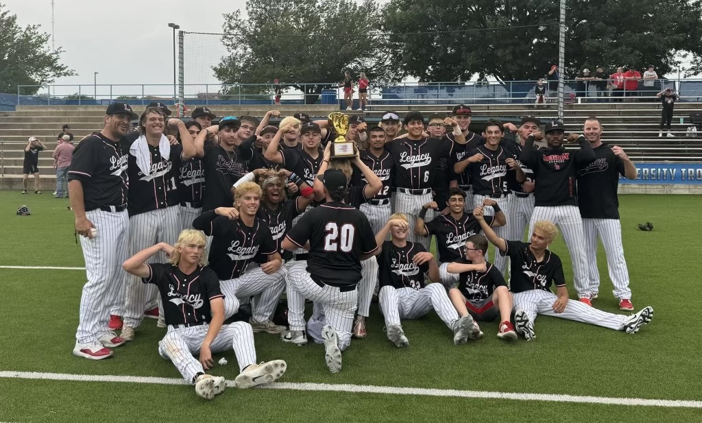 The Varsity Baseball team celebrates after winning game 3 in the first round of the playoffs May 4 in Waco. The team earned the title of Bi-District Champions after beating Harker Heights. Photo courtesy of Legacy Baseball.