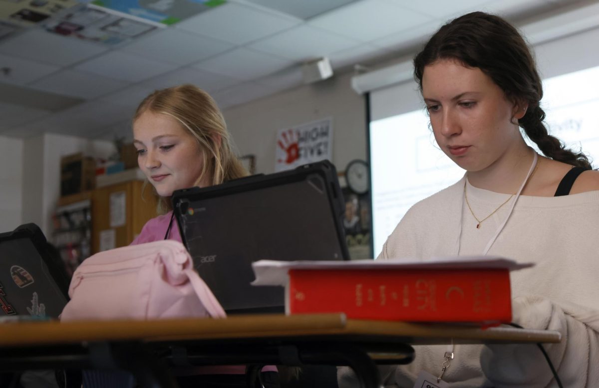 Sophomores Courtlyn Riggs and Avrie Melby work on their assignments in AP World History.