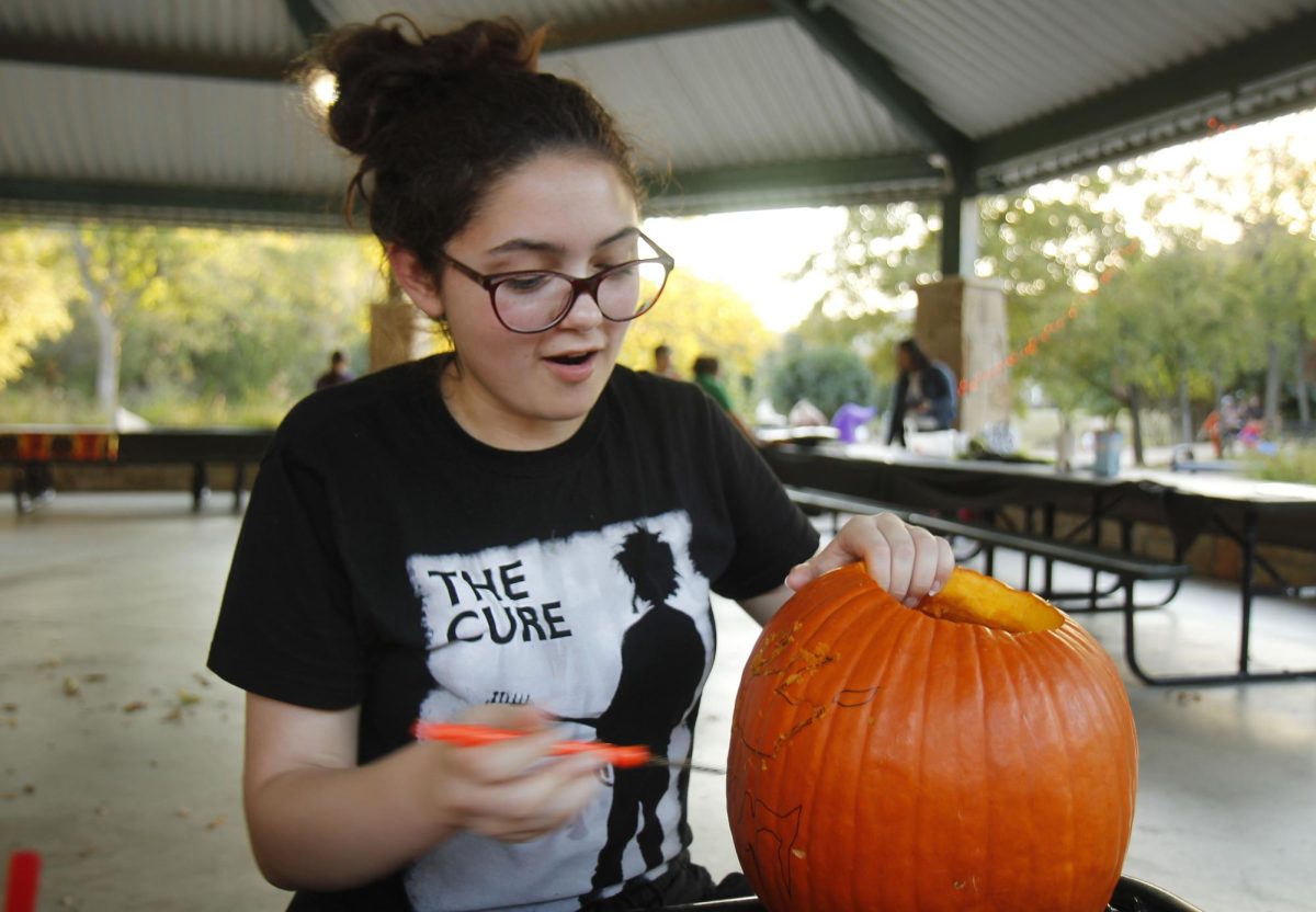 Rain Maakestad, 12, figures out what to cut on her pumpkin and what tools to use. Maakestad drew out the design of her pumpkin before carving for the first time. 