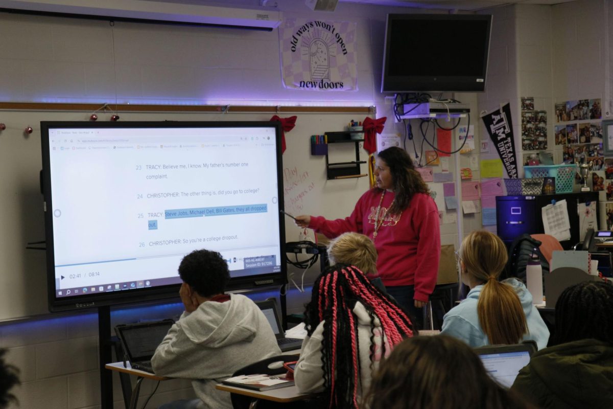 During English I, Ms. Amy Goffinet teaches students about playwriting using StudySync lesson, Teen Mogul. 