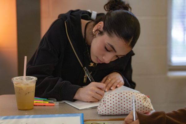 During English class, Tala Abdulrazeq works on her notes. During her sophomore year, Abdulrazeq began her own nails business. 