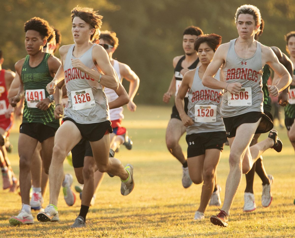 Run fast:
At the Bill Eaton Invitational hosted by Legacy, varsity runners Lincoln Wright, 12, Fernando Morales, 10, and Elijah Hanlon, 12, start the race Sept. 12 at Chisenhall Park in Burleson. The boys’ varsity team placed first in the meet with Riley McCain finishing first and Wright finishing third.